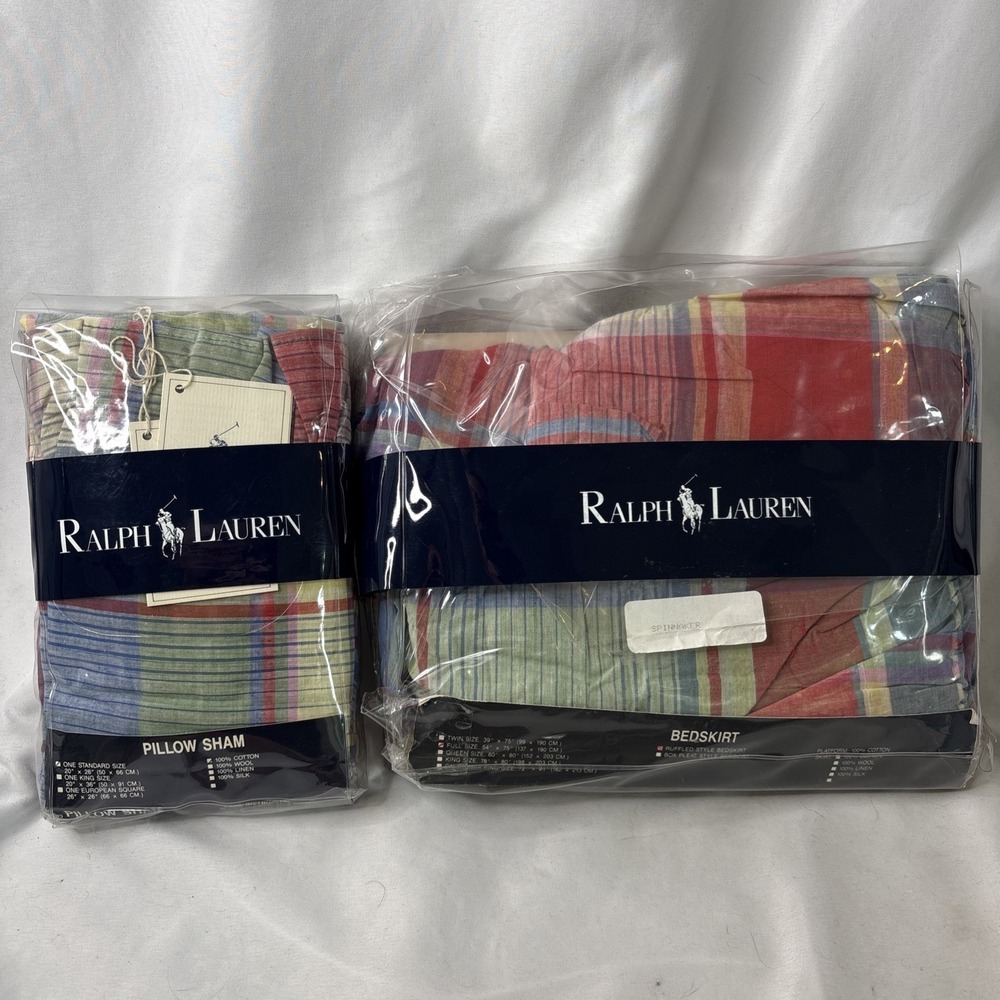 Vtg Ralph Lauren Spinnaker Madras Plaid Ruffled Full Bedskirt & Pillow Sham NOS